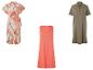 Robes d'été : une robe portefeuille à fleurs, une robe droite corail et une robe chemise kaki.