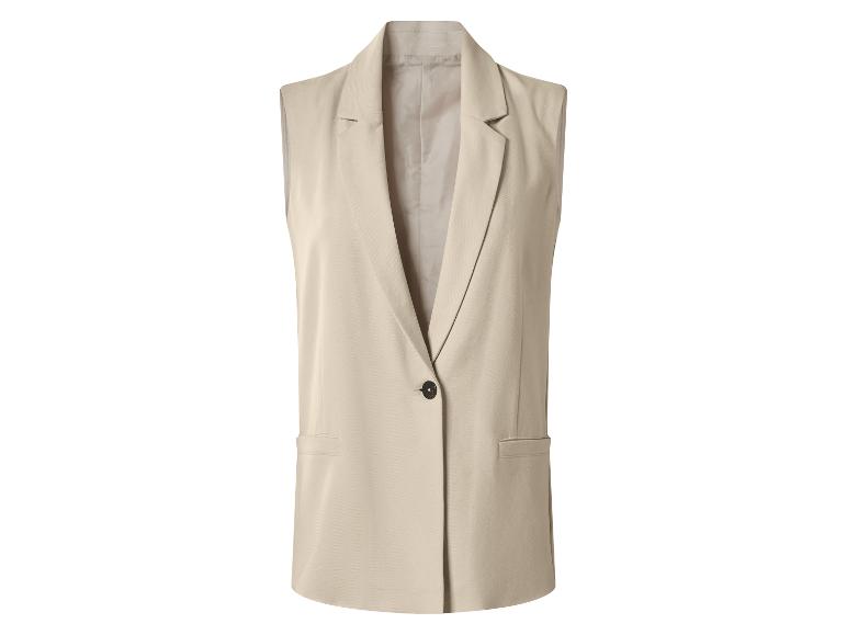 Gilet femme beige sans manches avec un bouton et des revers.