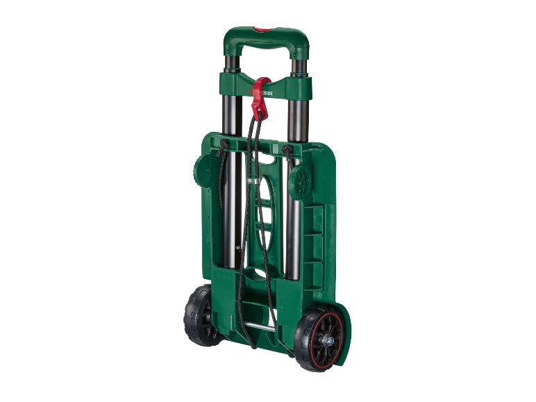 Chariot pliant vert avec roues noires et poignée rouge.