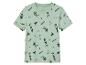 T-shirt vert clair enfant, motif été : phares, palmiers, planches de surf.