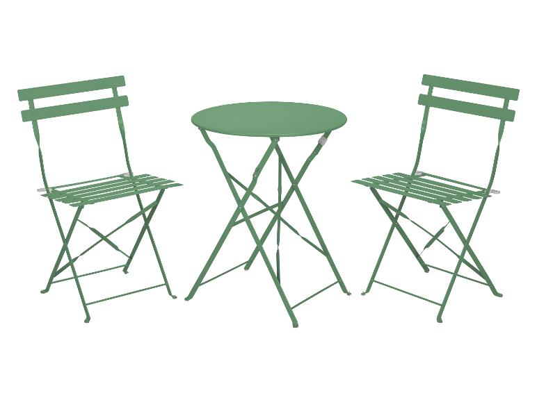Une table ronde verte avec deux chaises de bistrot assorties.