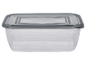 Boîte de conservation en plastique transparent avec couvercle gris.