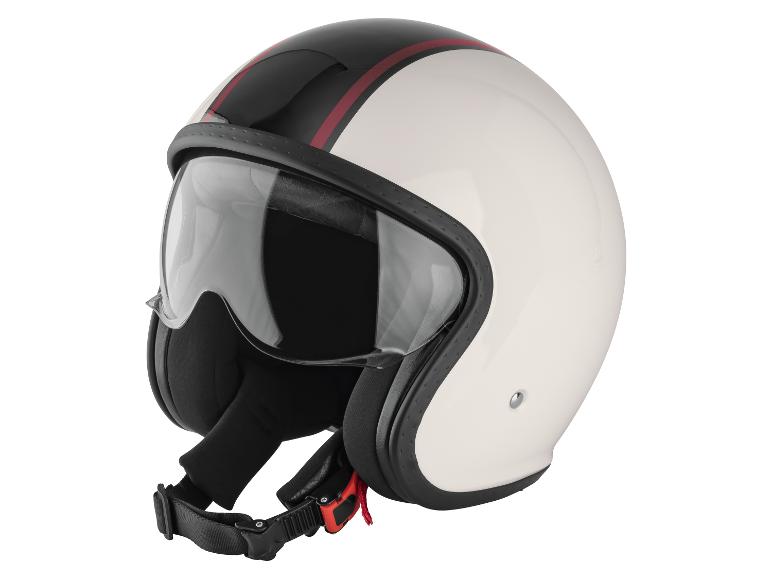 Casque de moto blanc avec une bande noire et rouge et une visière.