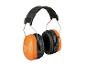 Casque anti-bruit orange et noir avec texte sur le côté.
