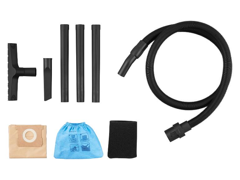 Accessoires d'aspirateur: tuyau, tubes, buses, sacs en papier, sac en tissu et filtre en mousse.