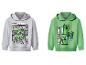 Deux sweats à capuche Minecraft pour enfants : un gris avec le texte « READY SET CRAFT » et un vert avec des Creepers.