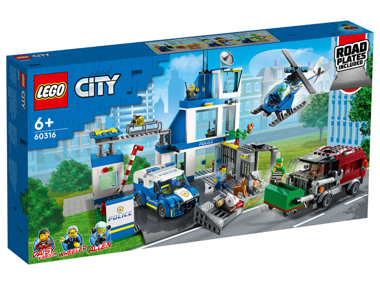 LEGO City commissariat de police avec hélicoptère, voiture de police et fourgon de prison.