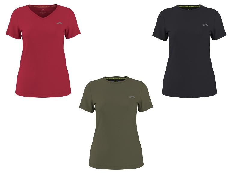 Trois t-shirts de sport à manches courtes pour femmes en rouge, noir et vert olive.