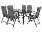 Ensemble de mobilier de jardin: table avec plateau en verre noir et six chaises grises.