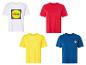 T-shirts Lidl : blanc avec logo, rouge, jaune et bleu.