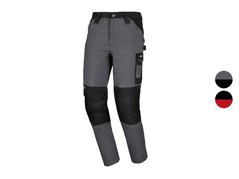 Pantalon de travail gris et noir avec poches et genoux renforcés.