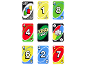 Une collection de neuf cartes à jouer colorées, incluant des cartes numérotées et des cartes d'action spéciales.