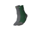 Une paire de chaussettes de randonnée, une grise et une verte, avec un motif sportif.