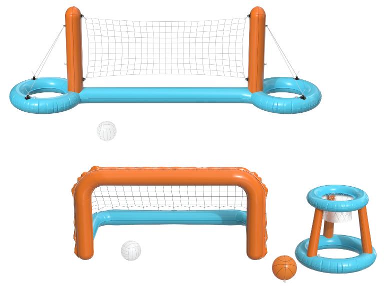 Jeux aquatiques gonflables : volley, handball et basketball.