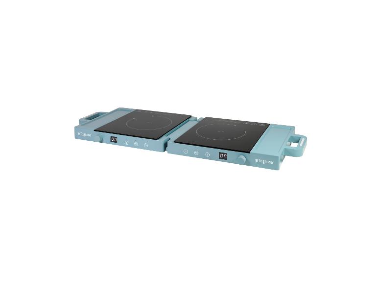 Deux plaques à induction portables Tognana bleu clair avec écrans numériques.