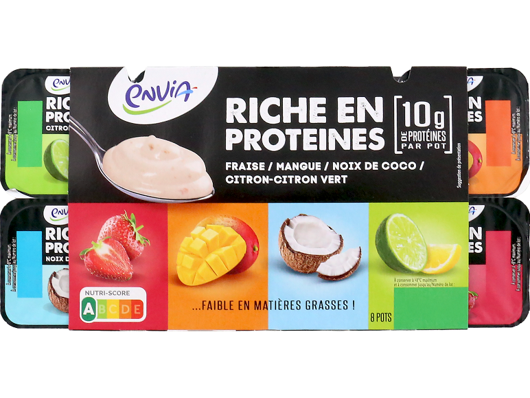 Yaourts riches en protéines aux saveurs fraise, mangue, noix de coco et citron-citron vert, Nutri-Score A.