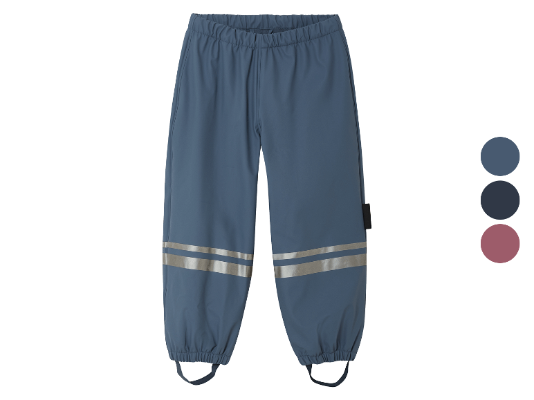 Pantalon de pluie enfant bleu avec bandes réfléchissantes.