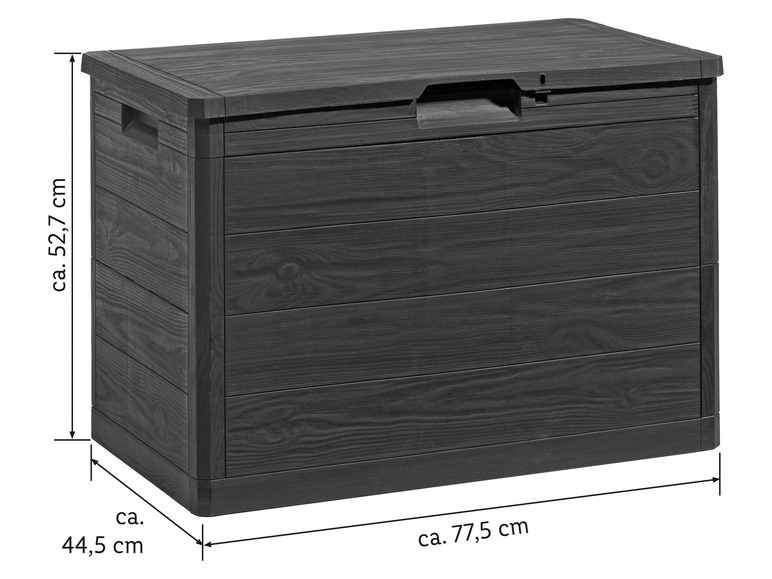 Un coffre de rangement noir imitation bois, adapté pour l'extérieur.
