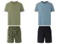 T-shirts et shorts : un vert olive à motif tropical, un bleu clair uni et un short marine.