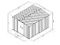 Abri de jardin en métal avec toit à pignon, porte simple et dimensions détaillées.