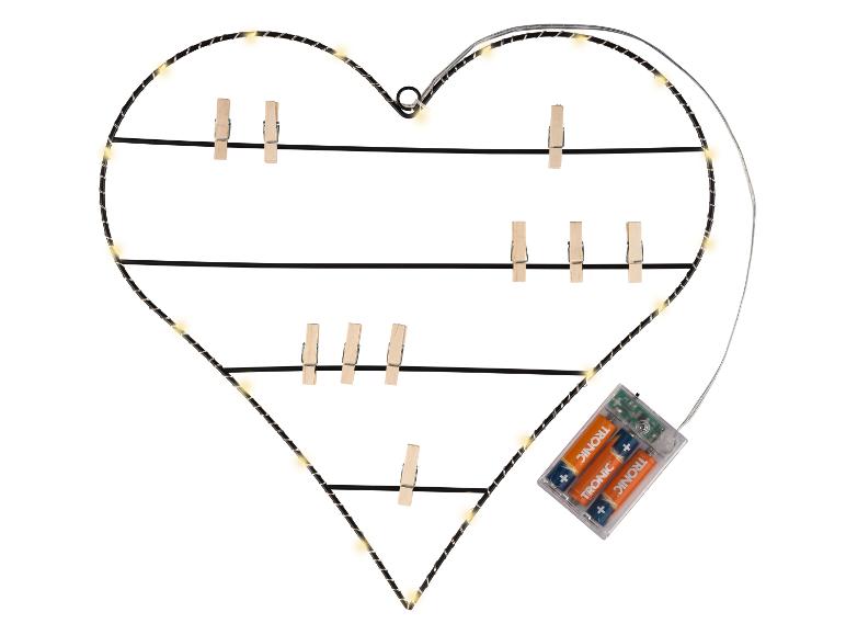 Cœur en fil noir lumineux avec pinces à linge et piles TRONIC.