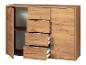 Une armoire en bois avec trois tiroirs et deux portes.