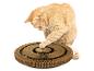 Un chat orange jouant avec un griffoir circulaire en carton.
