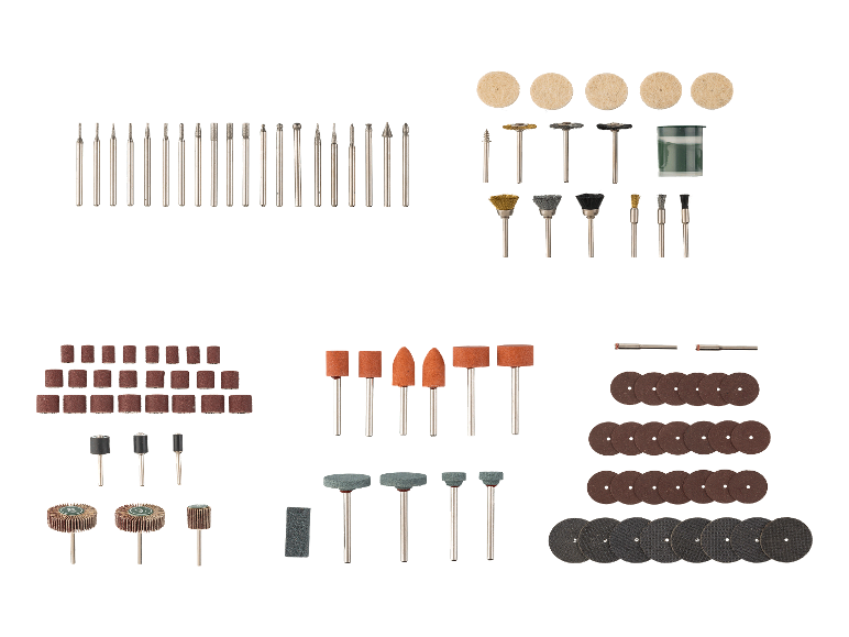 Ensemble d'outils rotatifs avec des pointes en diamant, des disques abrasifs et des brosses.
