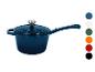 Casserole émaillée bleue avec couvercle et poignée, avec des échantillons de couleur.