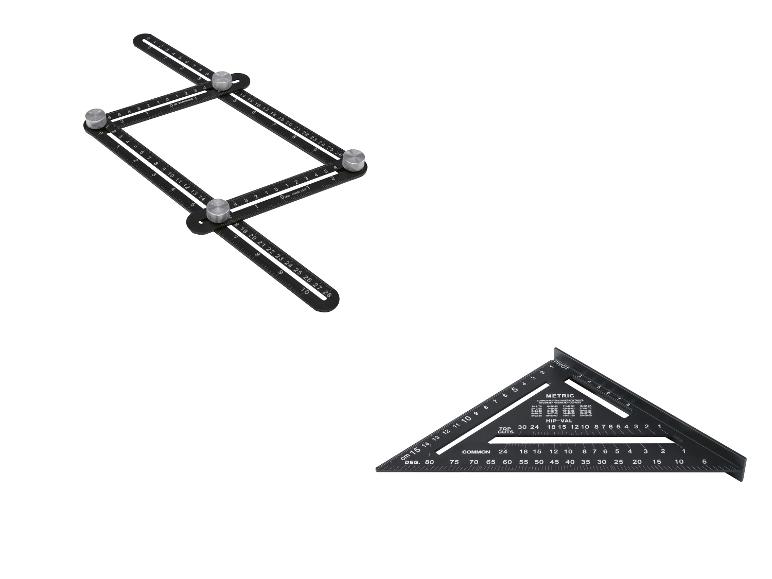 Un ensemble de deux outils de mesure : une règle d'angle réglable et une équerre noire avec des échelles métriques.
