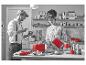 Appareils électroménagers de cuisine rouges style 1973 : grille-pain, bouilloire, robot culinaire et mixeur plongeant.