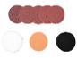 Disques abrasifs, tampons de polissage en mousse orange et noire, et tampon en laine.