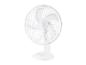 Ventilateur de table blanc avec grille de protection.