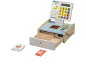 Caisse enregistreuse jouet en bois avec scanner, lecteur de cartes, tiroir et cartes de jeu.