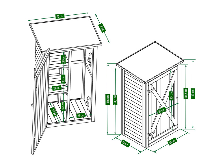 Deux remises avec dimensions, l'une avec des étagères et l'autre avec une porte en forme de X.