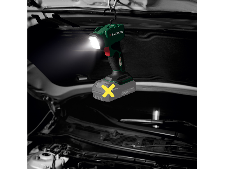 Lampe de travail sans fil avec batterie éclairée, suspendue au-dessus du compartiment moteur d'une voiture.