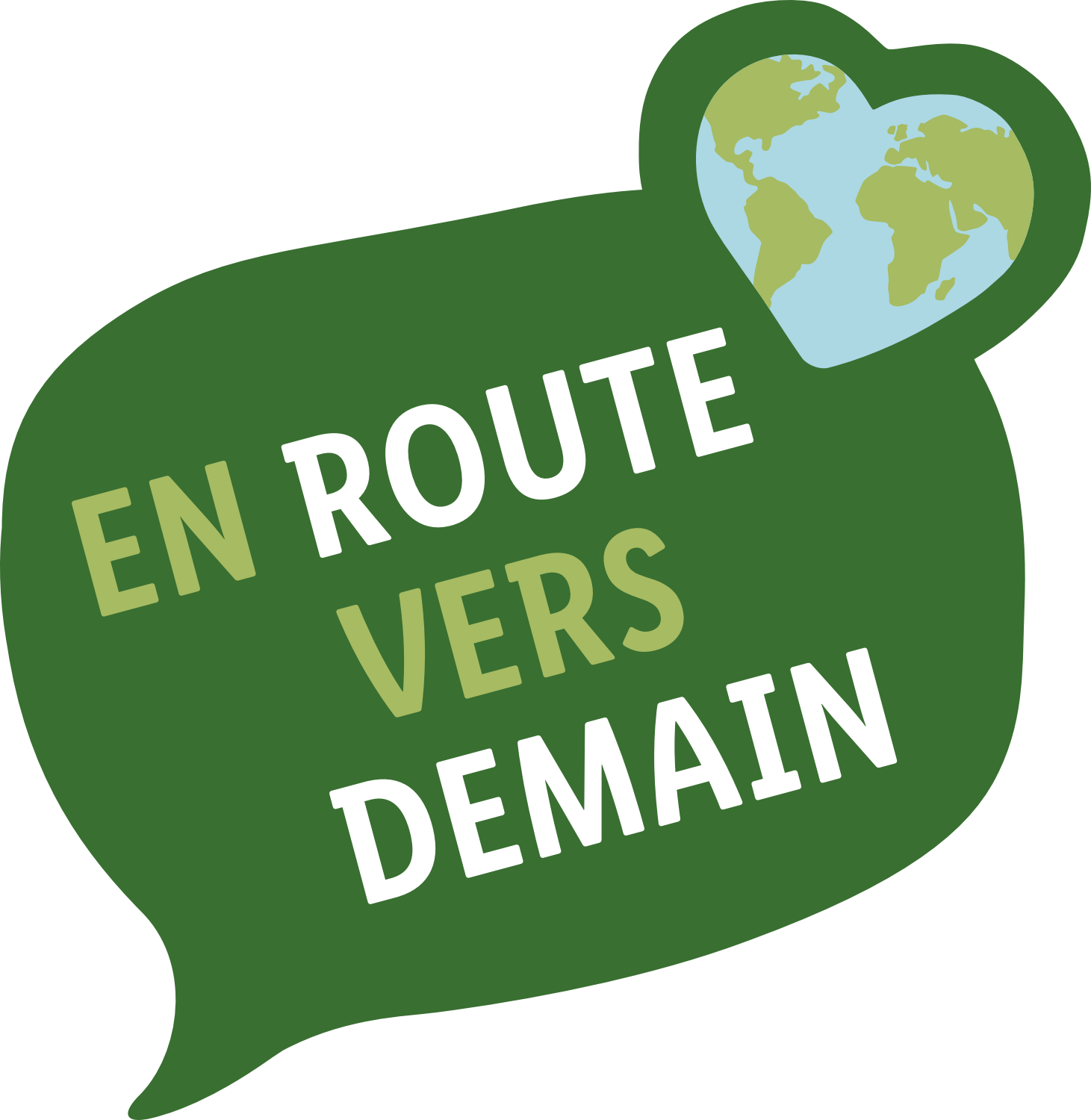 Sceau vert avec l'inscription « EN ROUTE VERS DEMAIN » et un globe en forme de cœur.