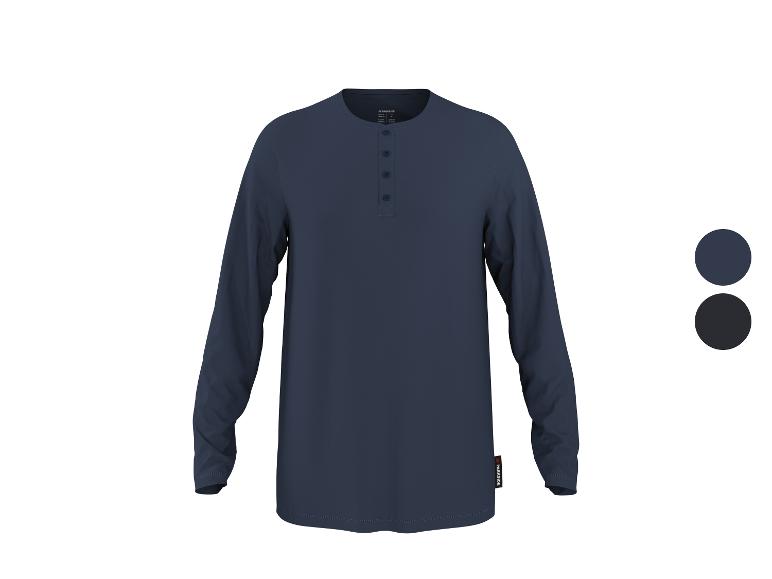 T-shirt Henley bleu foncé à manches longues pour homme avec deux options de couleur.