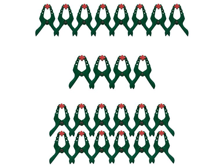 Pinces à ressort vertes avec des embouts rouges, disposées en trois rangées sur fond blanc.