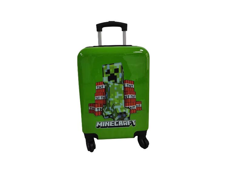 Valise enfant verte avec un personnage pixélisé et des blocs de TNT, avec un logo de jeu.