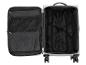 Valise de voyage ouverte avec intérieur noir et compartiments en filet.