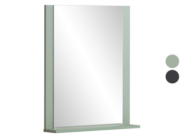 Miroir de salle de bain vert avec étagère, également disponible en gris.