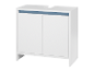 Une armoire de salle de bain blanche avec deux portes et un détail bleu clair.