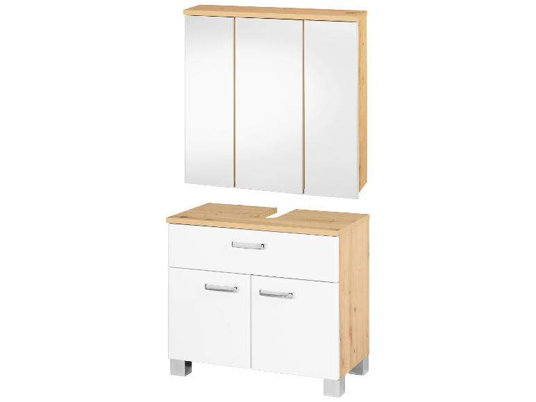 Ensemble de meubles de salle de bain avec miroir et armoire blanc et bois clair.