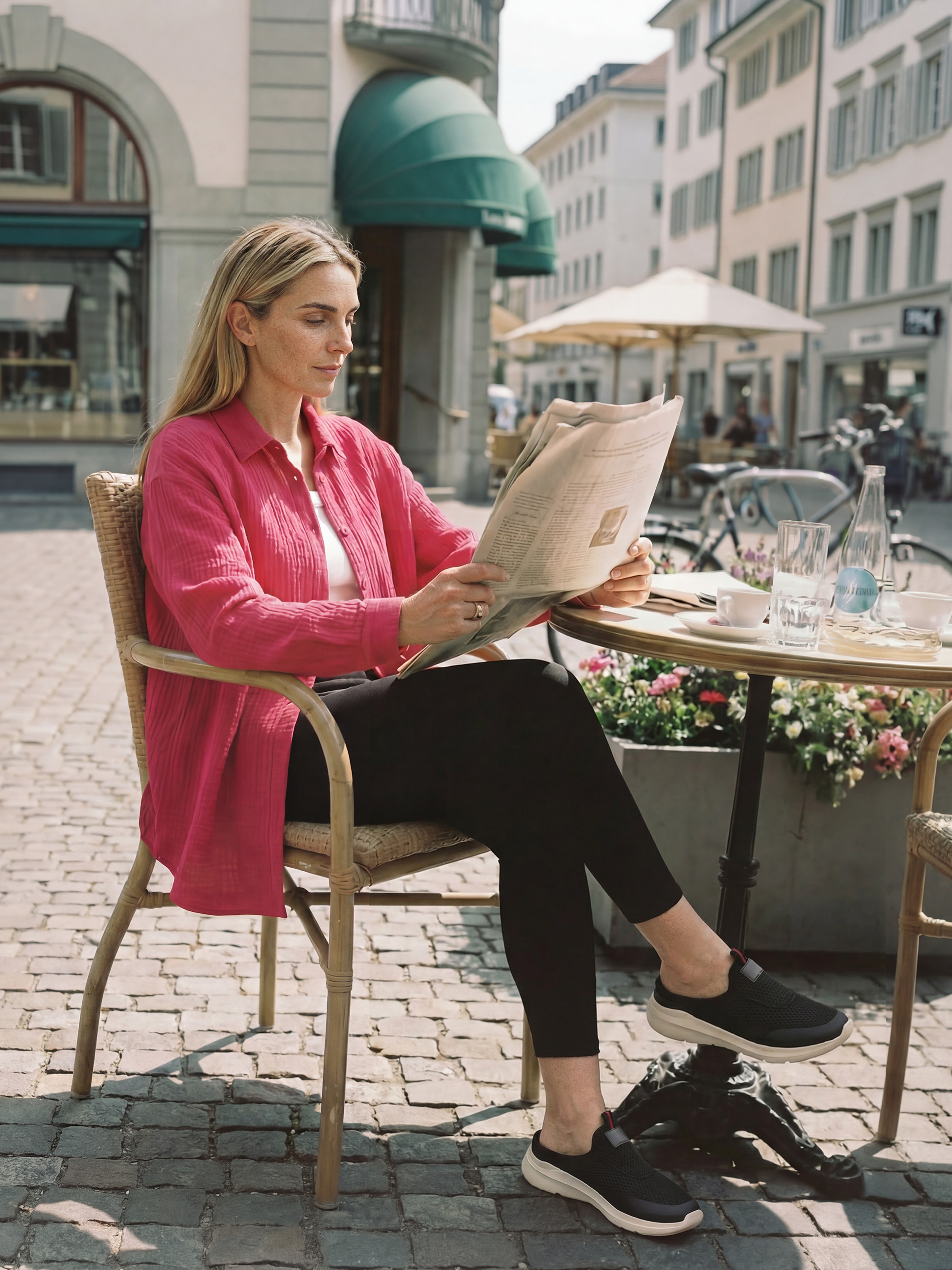 Femme lisant un journal à une table de café, portant une chemise rose et des chaussures noires.