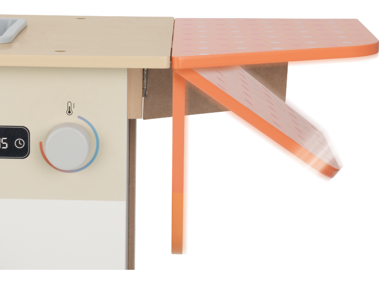 Cuisine jouet en bois avec plan de travail pliable et bouton de four.