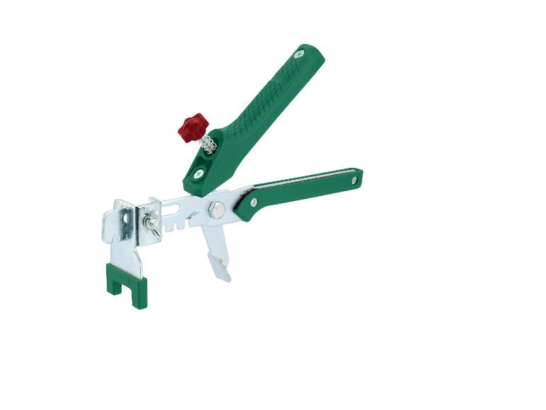 Pince de nivellement de carreaux verte avec un bouton de réglage rouge.
