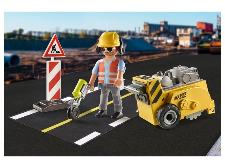 Playmobil : figurine ouvrier, trancheuse MAXYZ et panneau de chantier.
