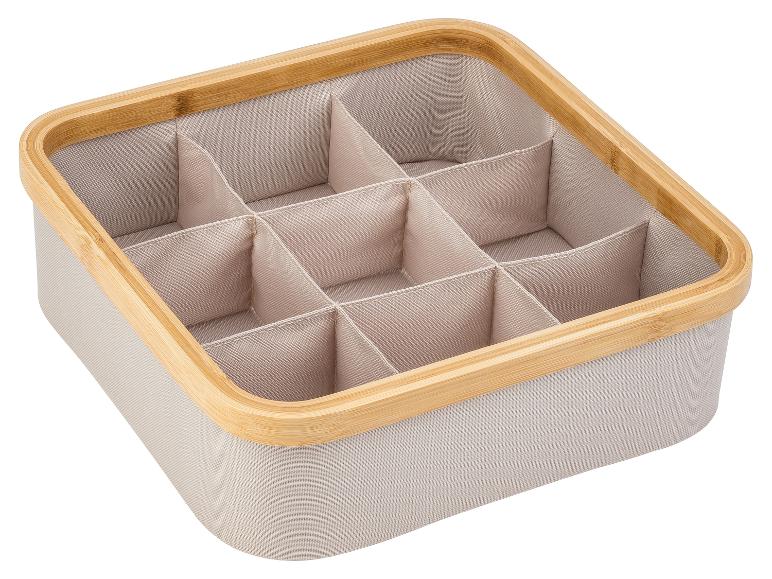 Boîte de rangement à compartiments, tissu beige, cadre bambou.