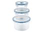 Ensemble de trois récipients alimentaires ronds et transparents avec couvercles et clips bleus, empilés.